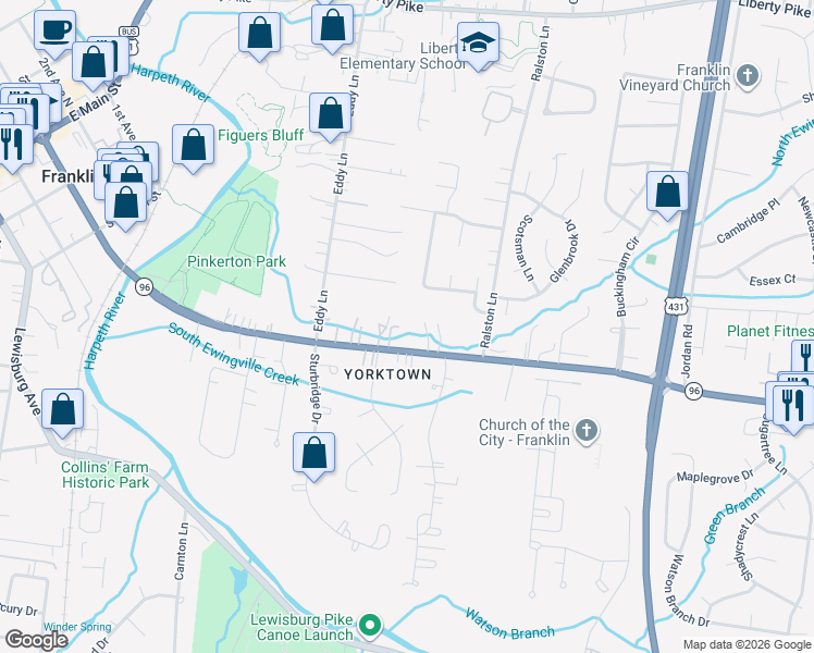 map of restaurants, bars, coffee shops, grocery stores, and more near 717 Murfreesboro Road in Franklin