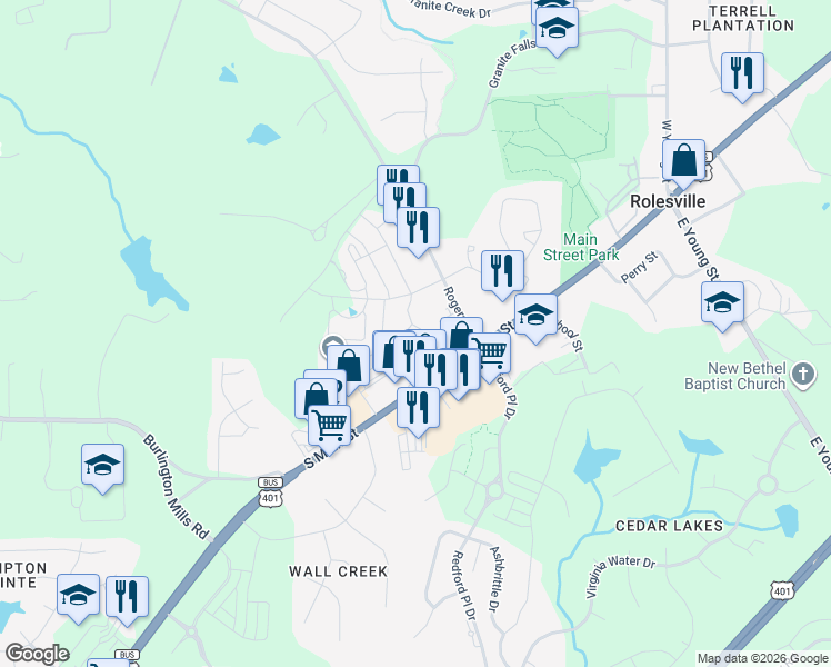 map of restaurants, bars, coffee shops, grocery stores, and more near 6600 Rogers Road in Rolesville