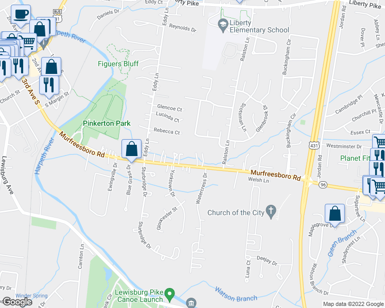map of restaurants, bars, coffee shops, grocery stores, and more near 717 Murfreesboro Road in Franklin