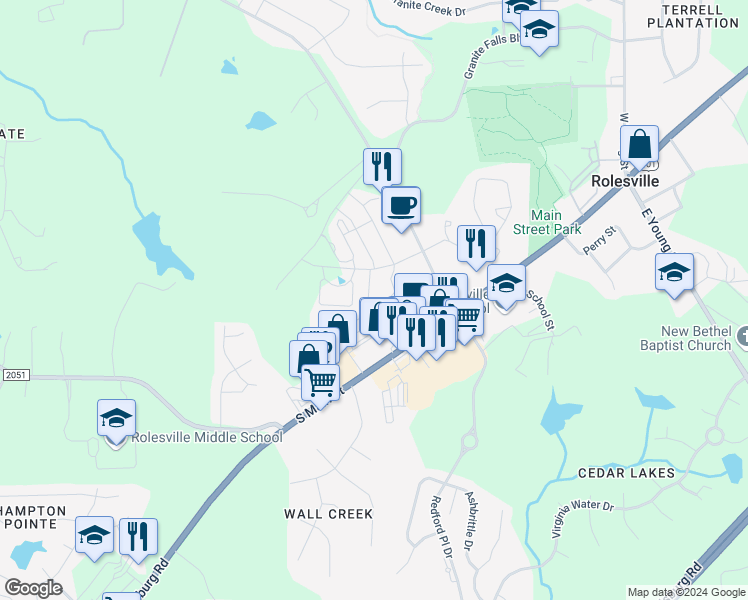 map of restaurants, bars, coffee shops, grocery stores, and more near 1008 Grand Ridge Drive in Rolesville