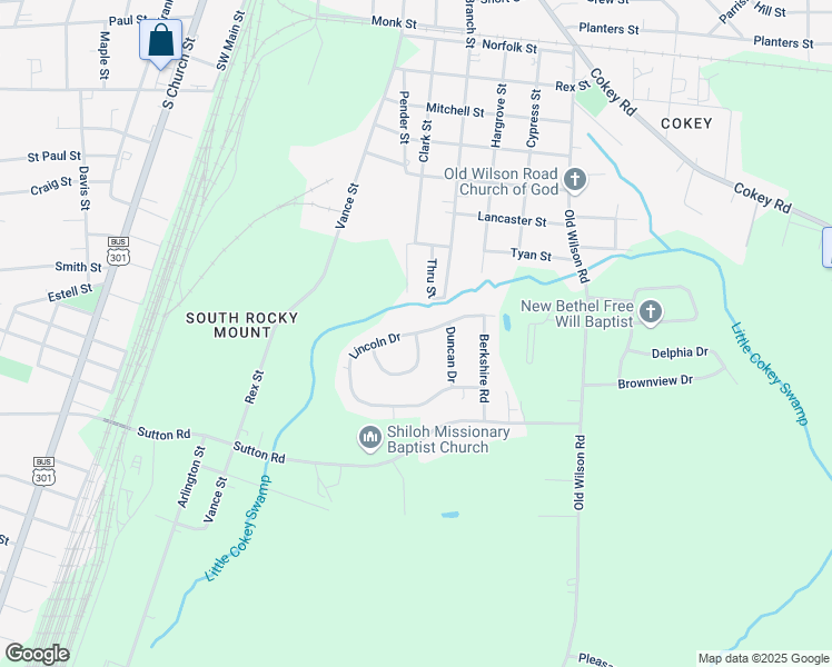 map of restaurants, bars, coffee shops, grocery stores, and more near Lincoln Drive in Rocky Mount