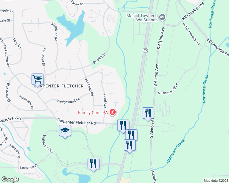 map of restaurants, bars, coffee shops, grocery stores, and more near 15 Meadhall Court in Durham