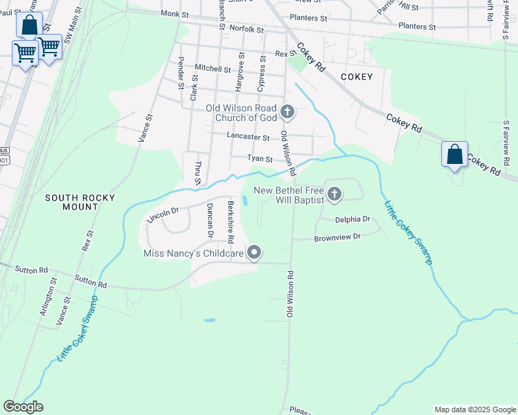 map of restaurants, bars, coffee shops, grocery stores, and more near 1844 Eaglecrest Circle in Rocky Mount
