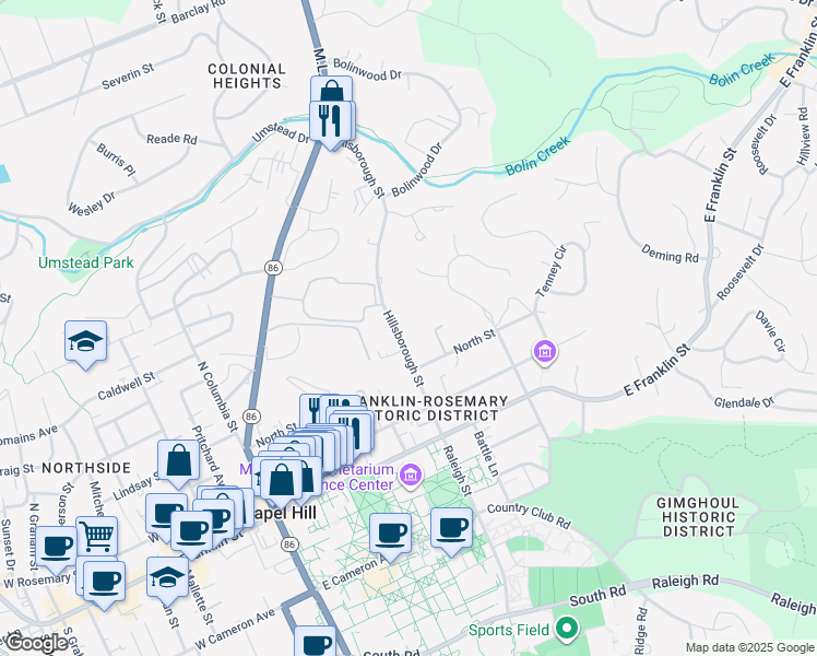 map of restaurants, bars, coffee shops, grocery stores, and more near 1 Mint Springs Lane in Chapel Hill