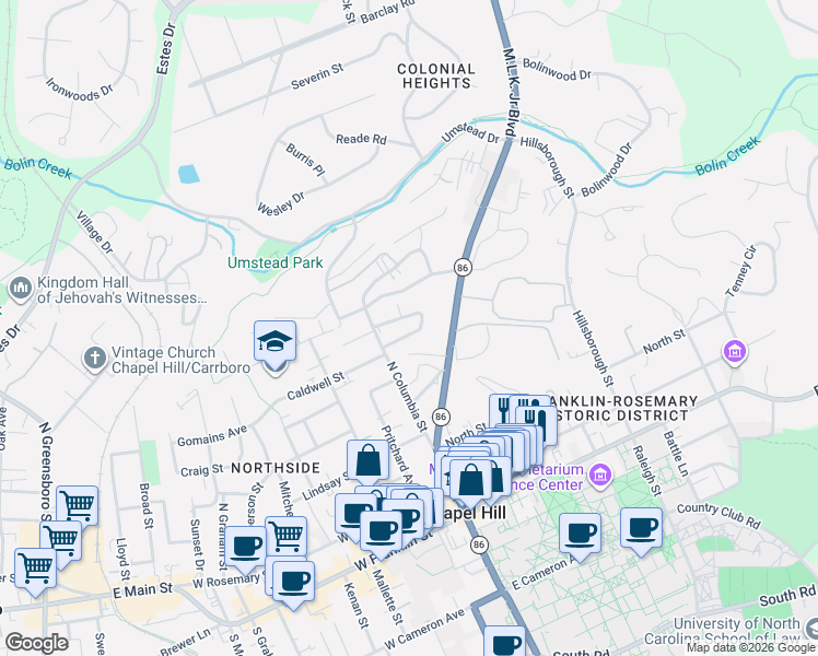 map of restaurants, bars, coffee shops, grocery stores, and more near 116 Isley Street in Chapel Hill