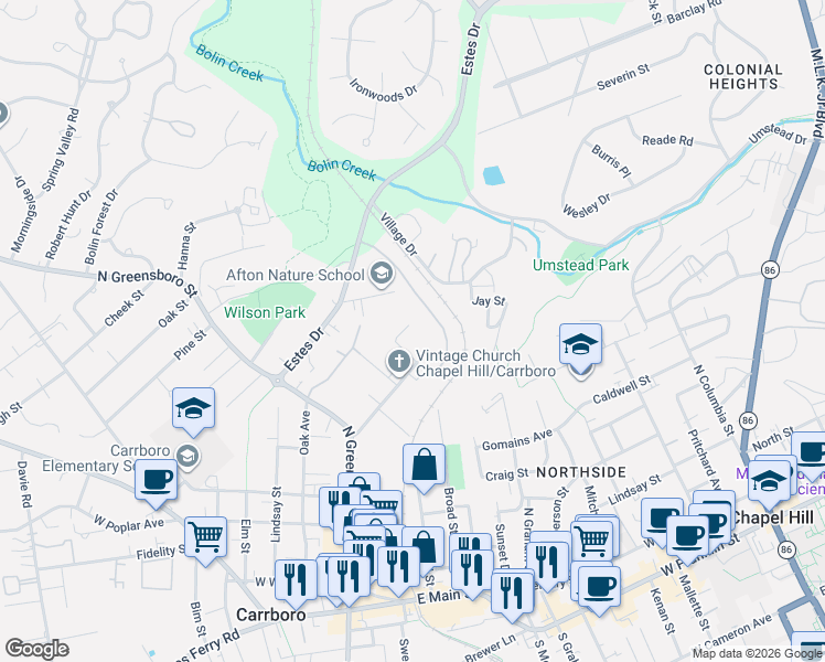 map of restaurants, bars, coffee shops, grocery stores, and more near 112 Crest Street in Carrboro