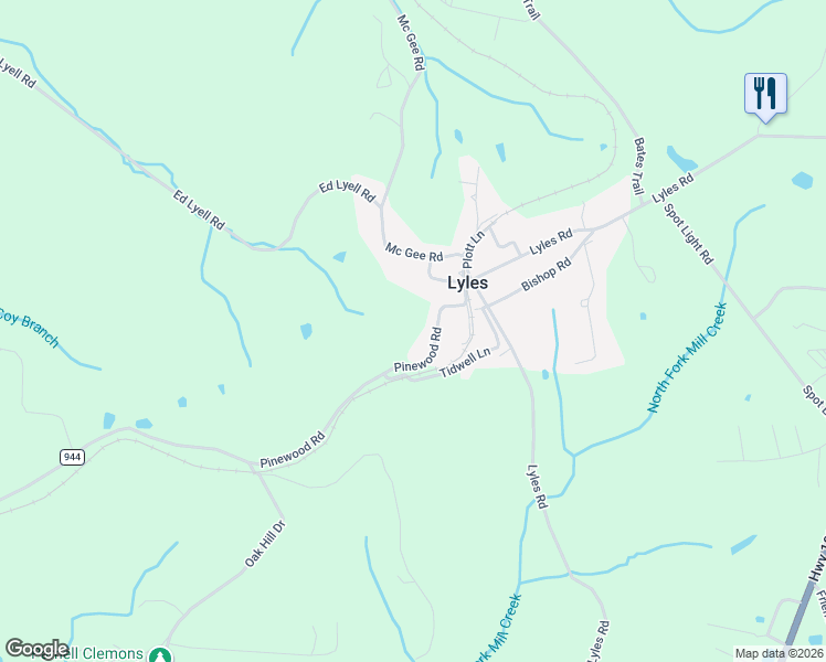 map of restaurants, bars, coffee shops, grocery stores, and more near 8871 Pinewood Road in Lyles