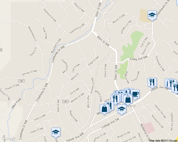 map of restaurants, bars, coffee shops, grocery stores, and more near 602 Robbins Avenue Northwest in Lenoir