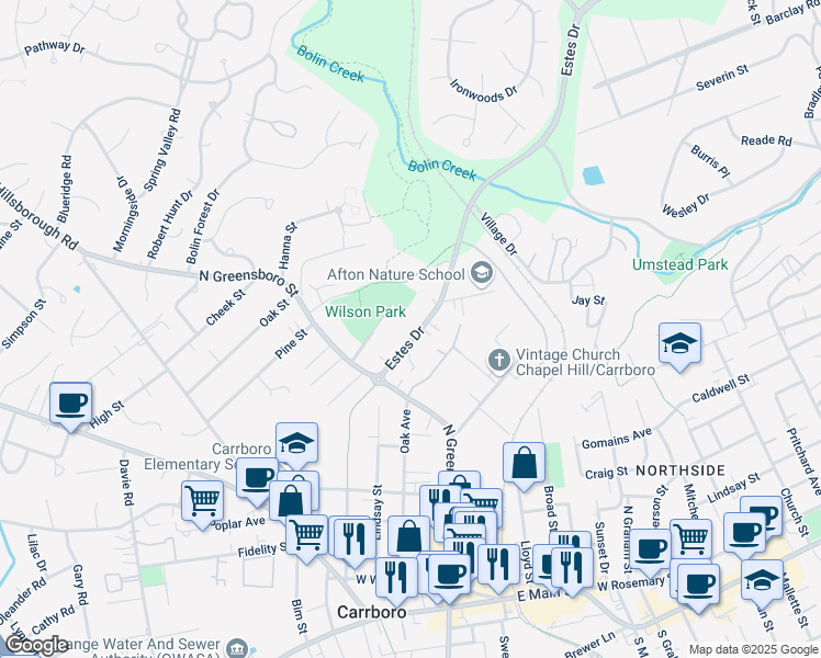 map of restaurants, bars, coffee shops, grocery stores, and more near 117 Estes Drive in Carrboro