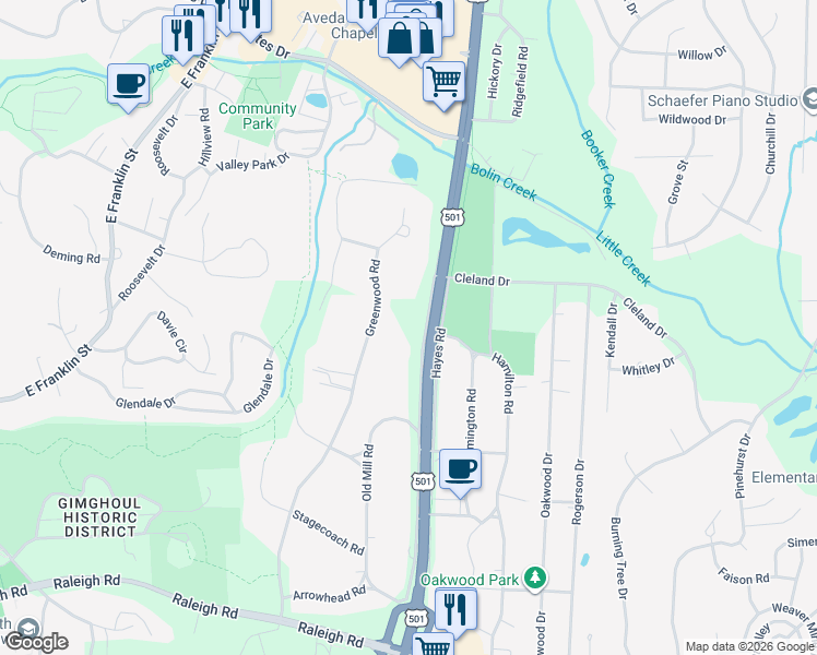 map of restaurants, bars, coffee shops, grocery stores, and more near 638A Christopher Road in Chapel Hill