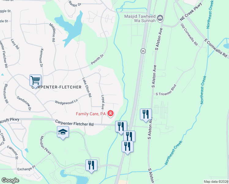 map of restaurants, bars, coffee shops, grocery stores, and more near 15 Meadhall Court in Durham