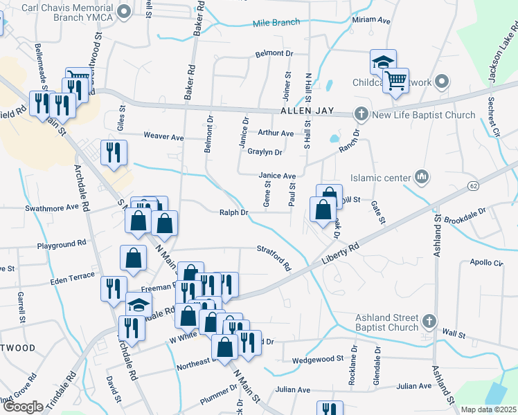 map of restaurants, bars, coffee shops, grocery stores, and more near 406 Gene Street in High Point