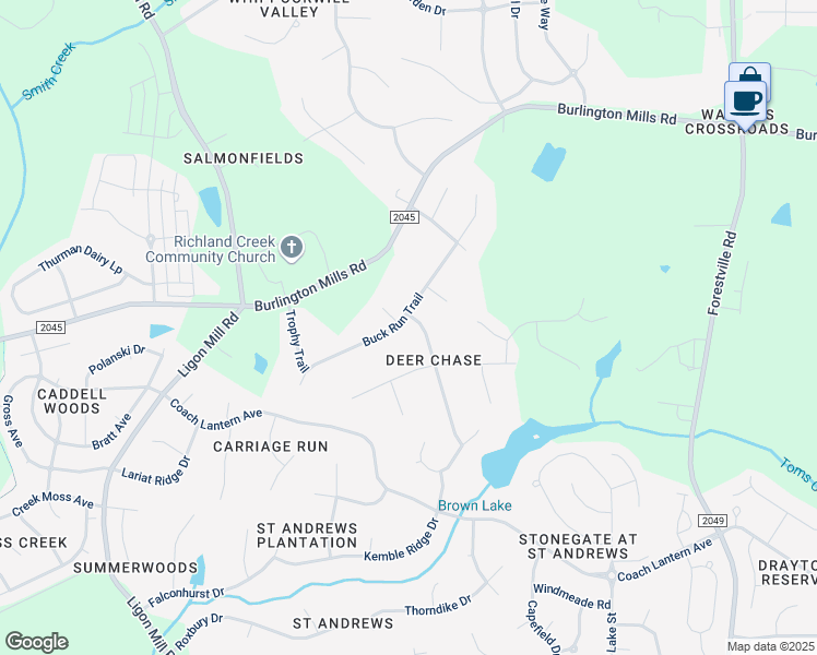 map of restaurants, bars, coffee shops, grocery stores, and more near 3340 Buck Run Trail in Wake Forest