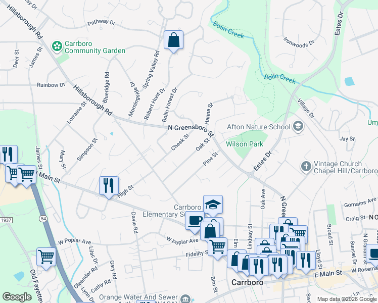 map of restaurants, bars, coffee shops, grocery stores, and more near 108 Oak St in Carrboro