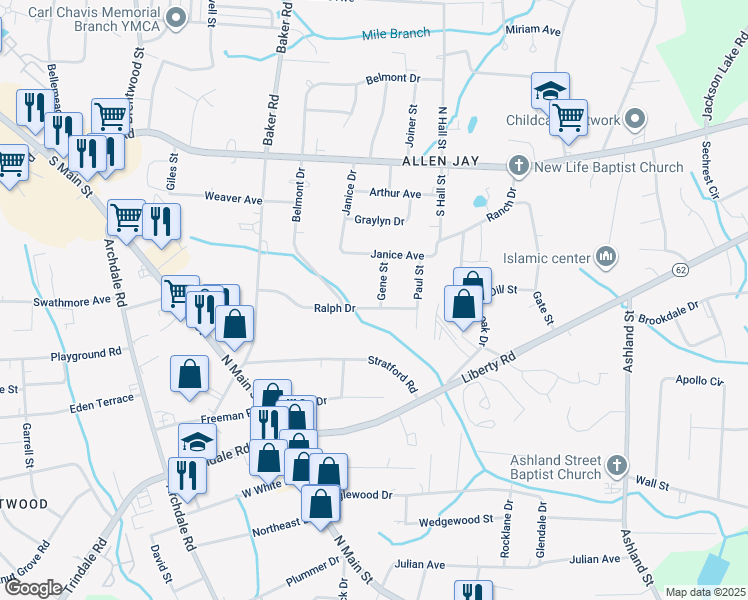 map of restaurants, bars, coffee shops, grocery stores, and more near 406 Gene Street in High Point