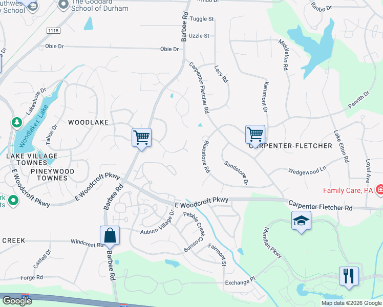 map of restaurants, bars, coffee shops, grocery stores, and more near 6512 Forest Ridge Drive in Durham