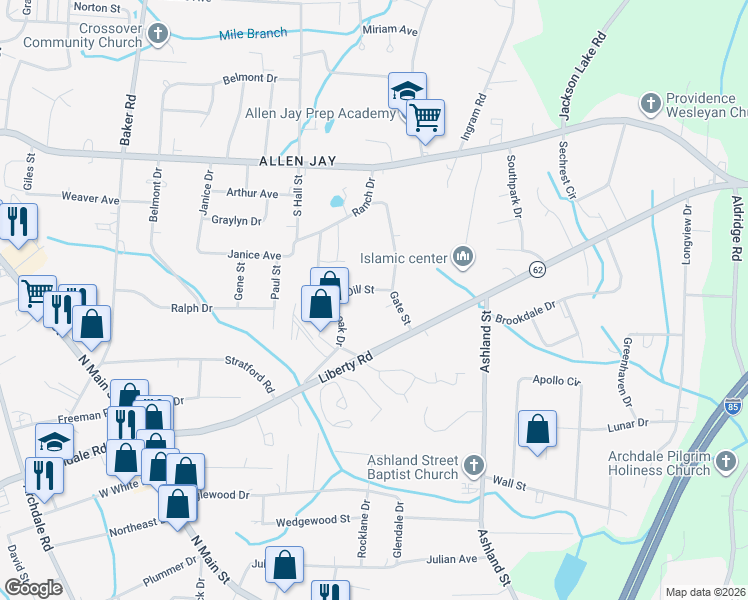map of restaurants, bars, coffee shops, grocery stores, and more near 1210 Dill Street in High Point