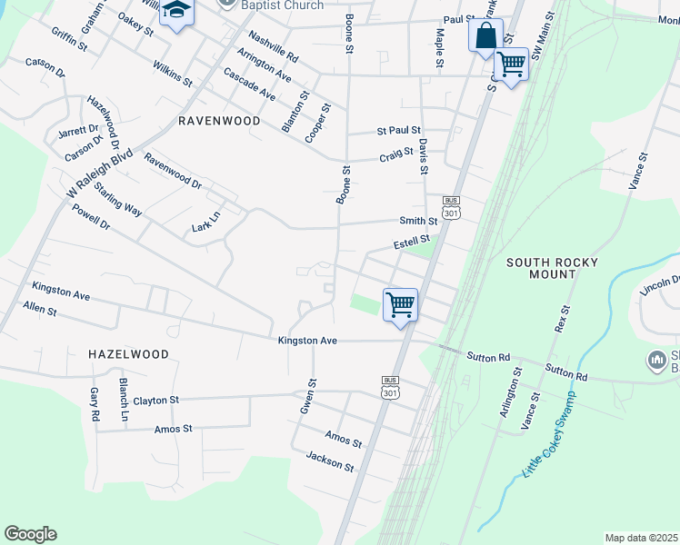 map of restaurants, bars, coffee shops, grocery stores, and more near Boone Street in Rocky Mount
