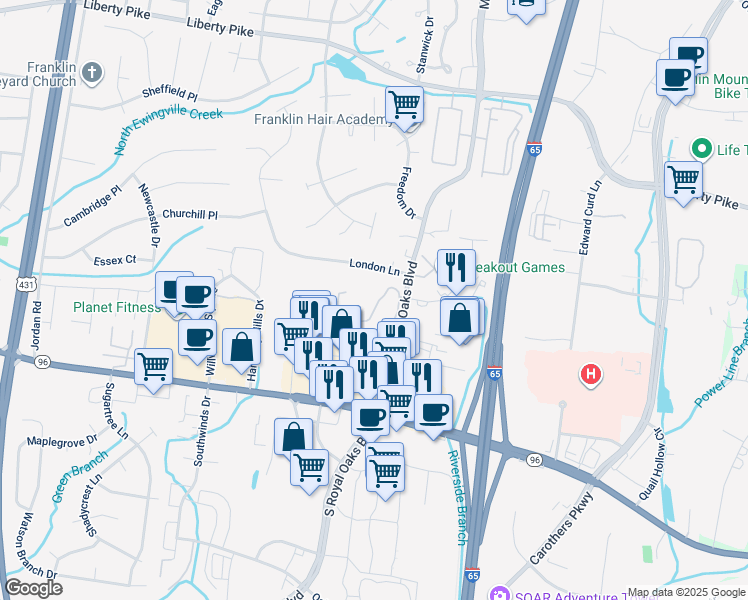 map of restaurants, bars, coffee shops, grocery stores, and more near 179 North Royal Oaks Boulevard in Franklin