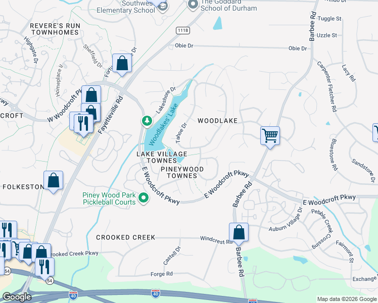 map of restaurants, bars, coffee shops, grocery stores, and more near 5205 Tahoe Drive in Durham