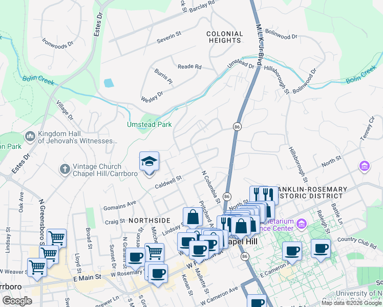 map of restaurants, bars, coffee shops, grocery stores, and more near 102 Stinson Street in Chapel Hill
