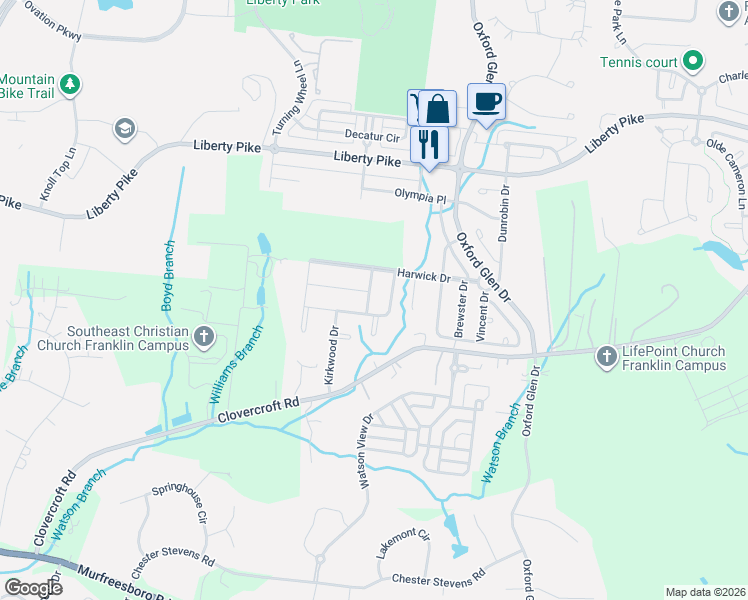 map of restaurants, bars, coffee shops, grocery stores, and more near 1325 Cottingham Drive in Franklin