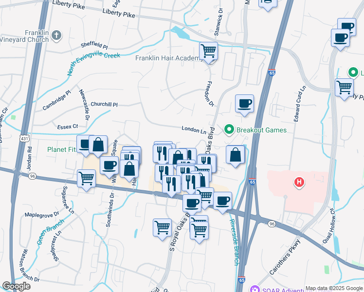 map of restaurants, bars, coffee shops, grocery stores, and more near 179 North Royal Oaks Boulevard in Franklin
