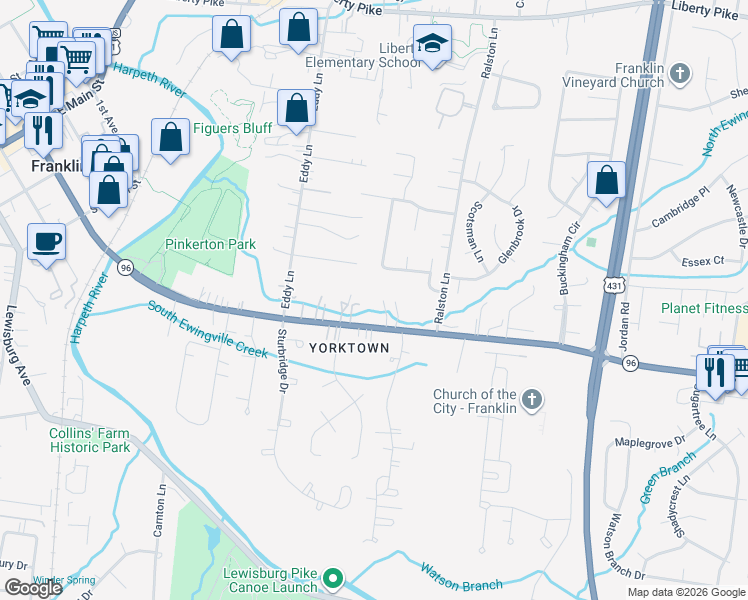 map of restaurants, bars, coffee shops, grocery stores, and more near 717 Murfreesboro Road in Franklin