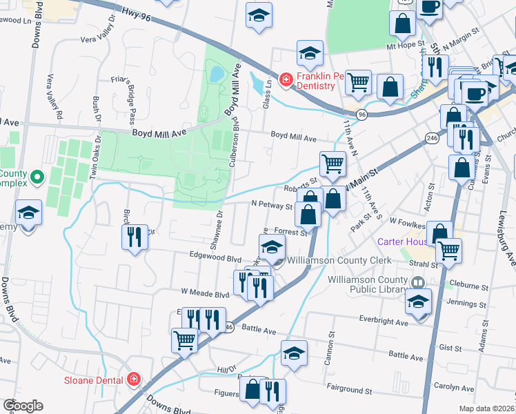 map of restaurants, bars, coffee shops, grocery stores, and more near 1164 Brookwood Avenue in Franklin