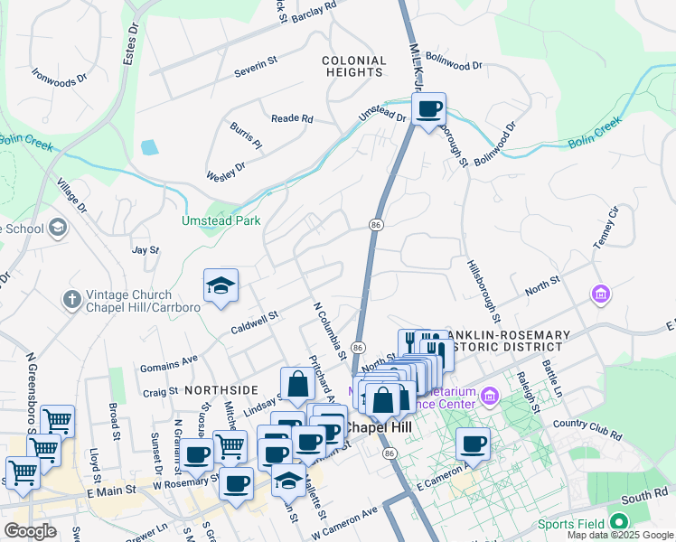 map of restaurants, bars, coffee shops, grocery stores, and more near 115 Isley Street in Chapel Hill