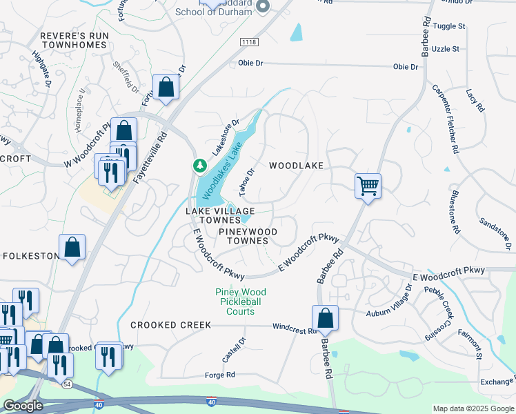 map of restaurants, bars, coffee shops, grocery stores, and more near 5205 Tahoe Drive in Durham
