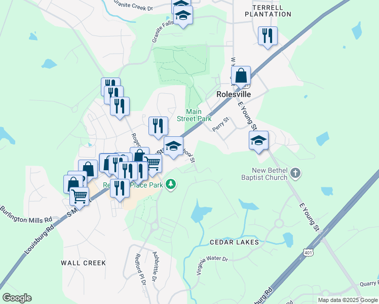 map of restaurants, bars, coffee shops, grocery stores, and more near 307 South Main Street in Rolesville