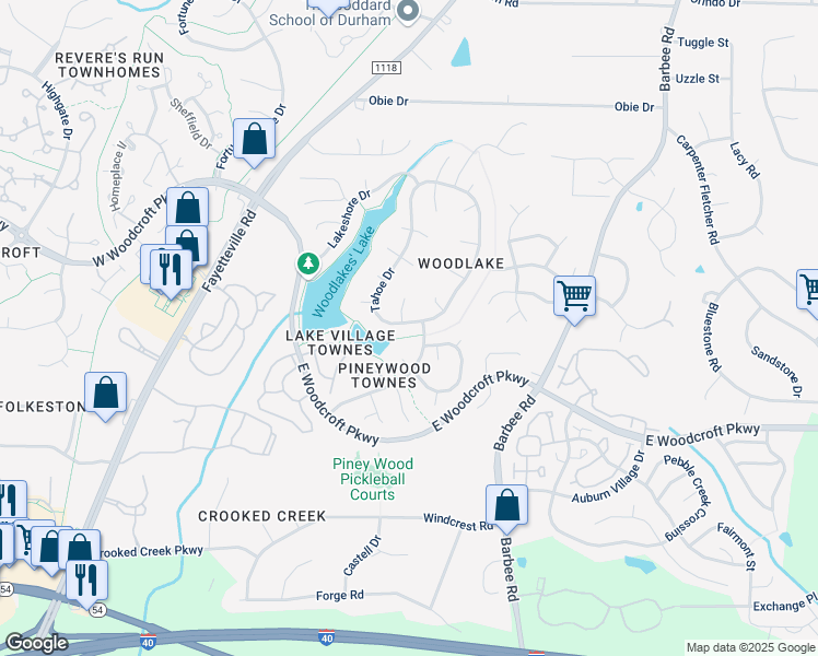 map of restaurants, bars, coffee shops, grocery stores, and more near 5205 Tahoe Drive in Durham