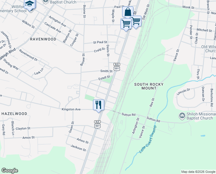 map of restaurants, bars, coffee shops, grocery stores, and more near 2015 South Church Street in Rocky Mount