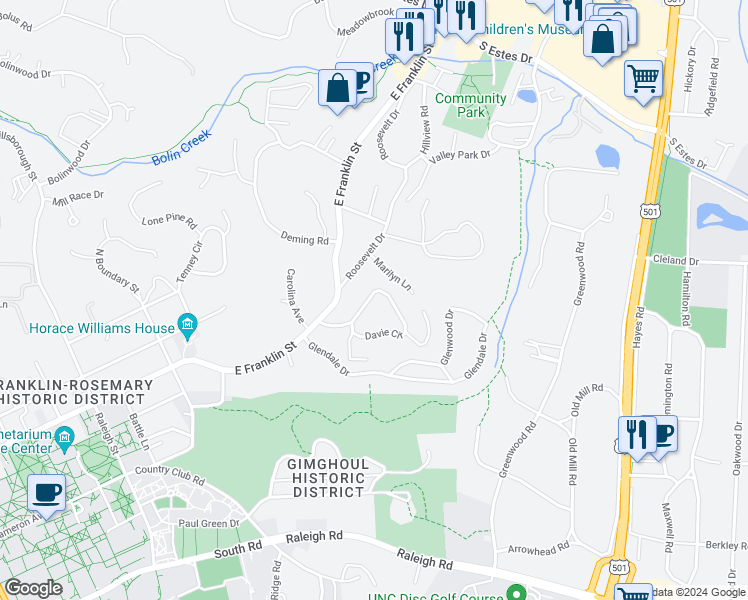 map of restaurants, bars, coffee shops, grocery stores, and more near 43 Davie Circle in Chapel Hill