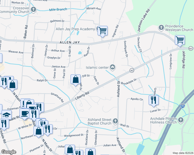 map of restaurants, bars, coffee shops, grocery stores, and more near 203 Gate Street in High Point