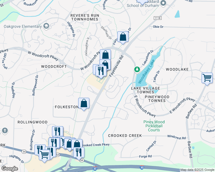 map of restaurants, bars, coffee shops, grocery stores, and more near 5804 Tattersall Drive in Durham