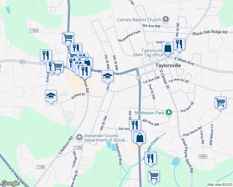 map of restaurants, bars, coffee shops, grocery stores, and more near 15 6th Street Southwest in Taylorsville