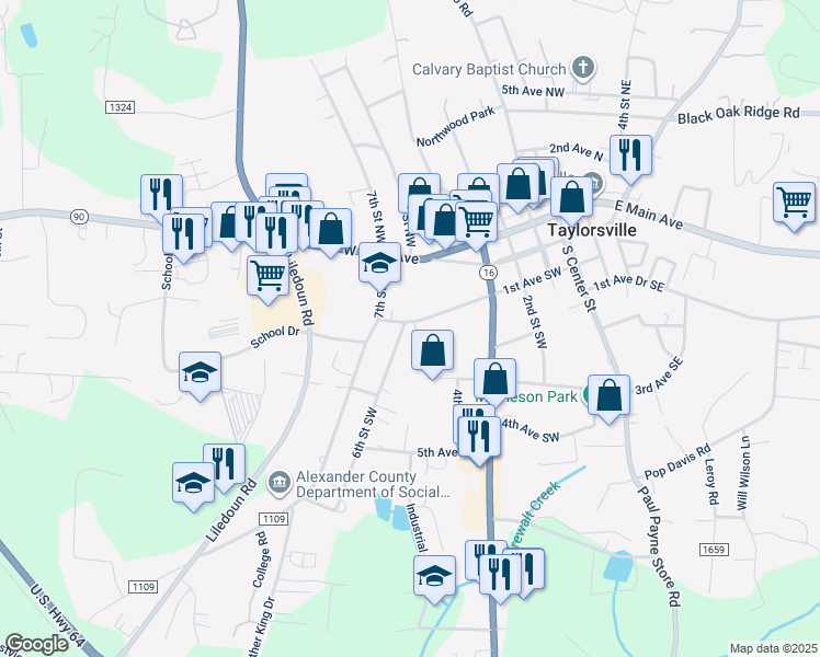 map of restaurants, bars, coffee shops, grocery stores, and more near 15 6th Street Southwest in Taylorsville