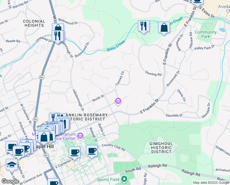 map of restaurants, bars, coffee shops, grocery stores, and more near 211 Glenburnie Street in Chapel Hill