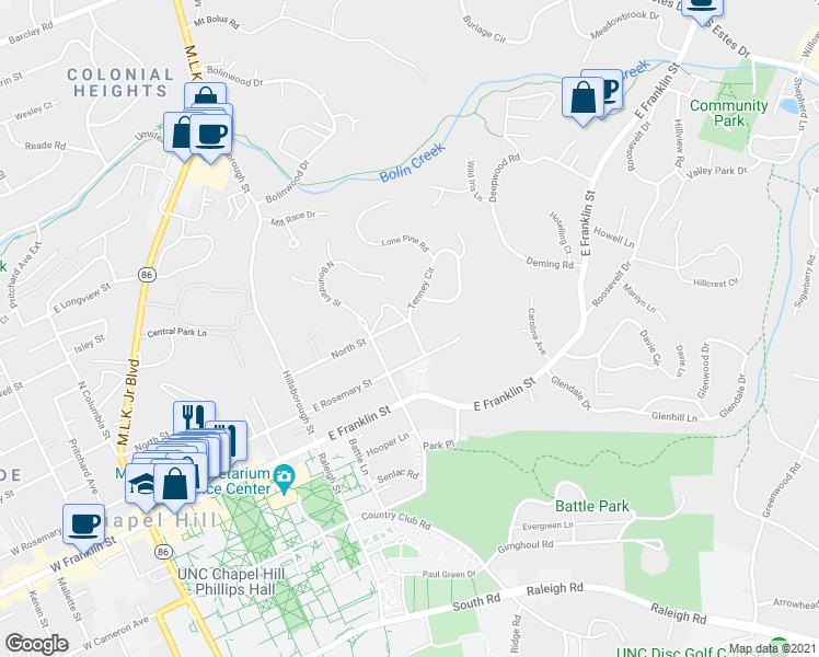 map of restaurants, bars, coffee shops, grocery stores, and more near 211 Glenburnie Street in Chapel Hill