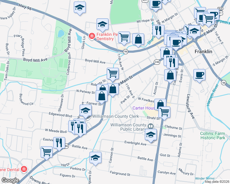 map of restaurants, bars, coffee shops, grocery stores, and more near 1129 West Main Street in Franklin