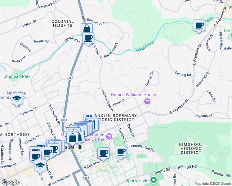 map of restaurants, bars, coffee shops, grocery stores, and more near 1 Mint Springs Lane in Chapel Hill