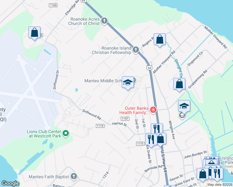 map of restaurants, bars, coffee shops, grocery stores, and more near 113 Poplar in Manteo