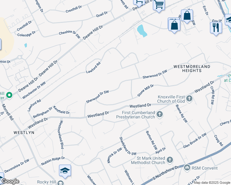 map of restaurants, bars, coffee shops, grocery stores, and more near 7100 Sherwood Drive Southwest in Knoxville