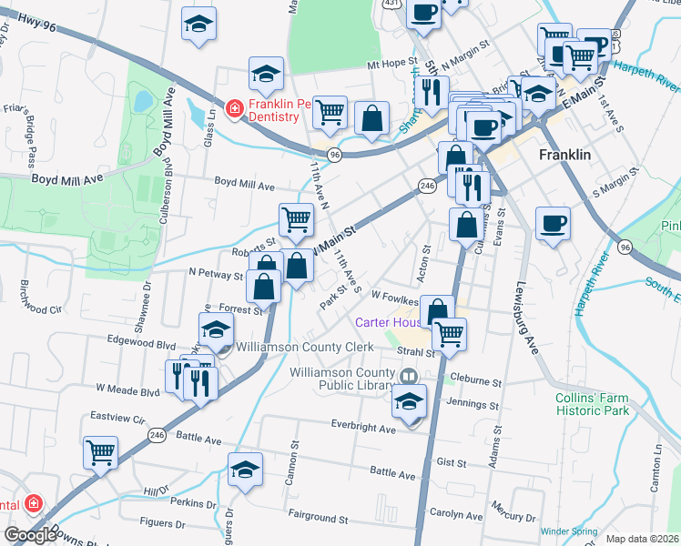map of restaurants, bars, coffee shops, grocery stores, and more near 128 Brilliantine Circle in Franklin