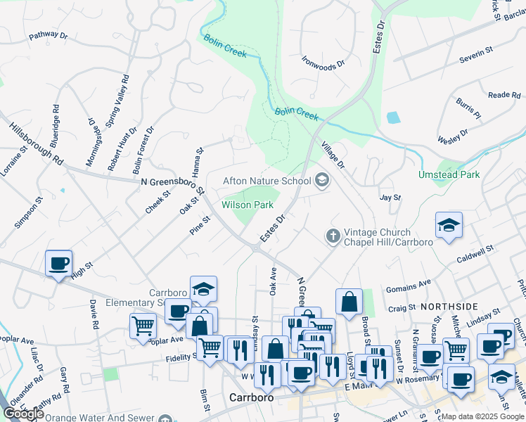 map of restaurants, bars, coffee shops, grocery stores, and more near 108 Williams Street in Carrboro