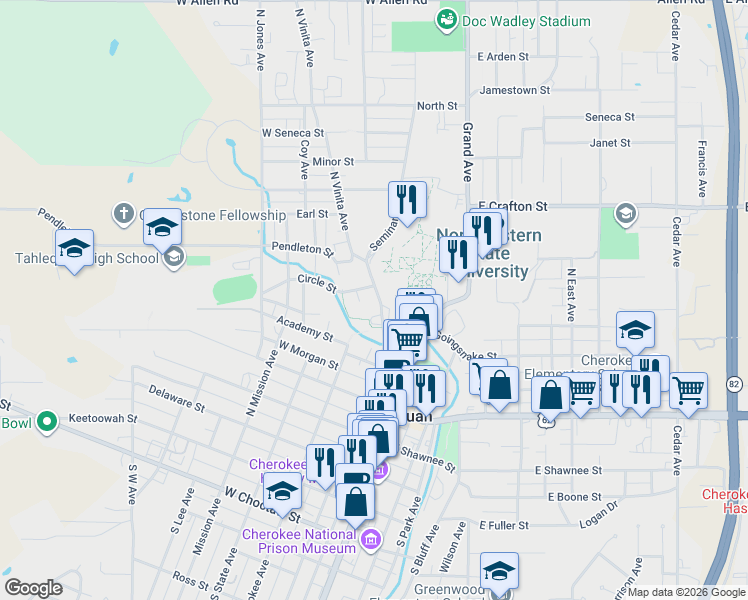 map of restaurants, bars, coffee shops, grocery stores, and more near 529 Seminary Avenue in Tahlequah
