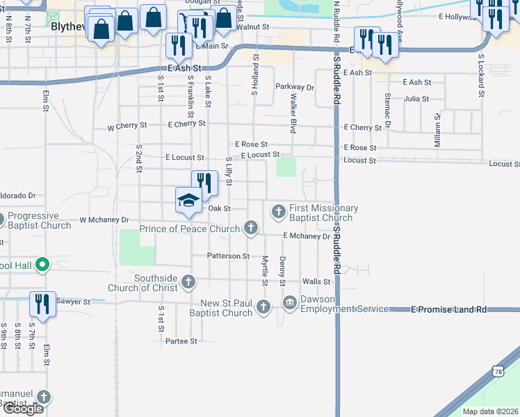 map of restaurants, bars, coffee shops, grocery stores, and more near 905 Anderson Street in Blytheville