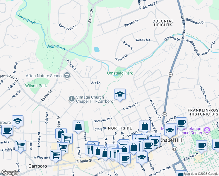 map of restaurants, bars, coffee shops, grocery stores, and more near 209 Carver Street in Chapel Hill